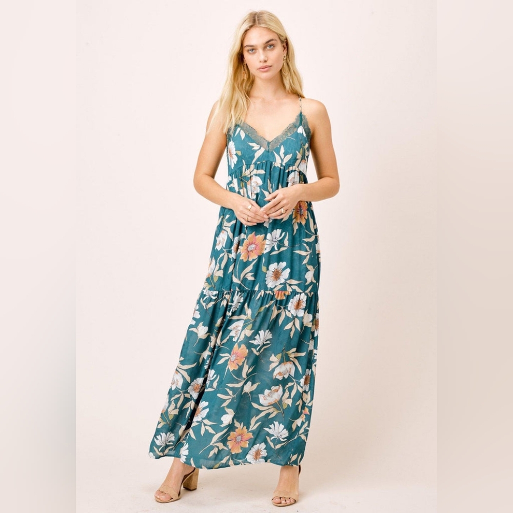 Love stitch Macara Teal Floral Tiered Maxi Dress